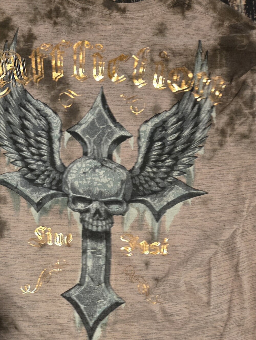 Affliction Brown Tee with Gold Foil Logo and Gray Skull Cross